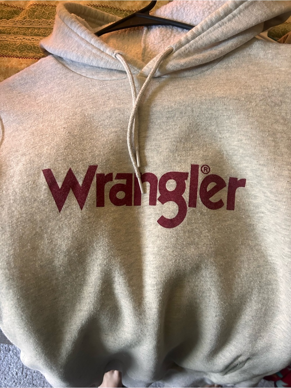 Thick Wrangler Light Gray Hoodie with Burgundy Red Logo